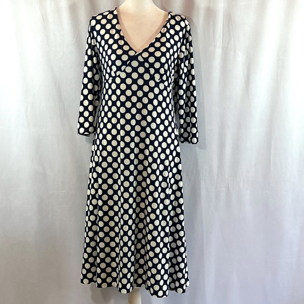 NWOT Josephine Navy Blue & White Polka Dots V-Neck Dress Size Large